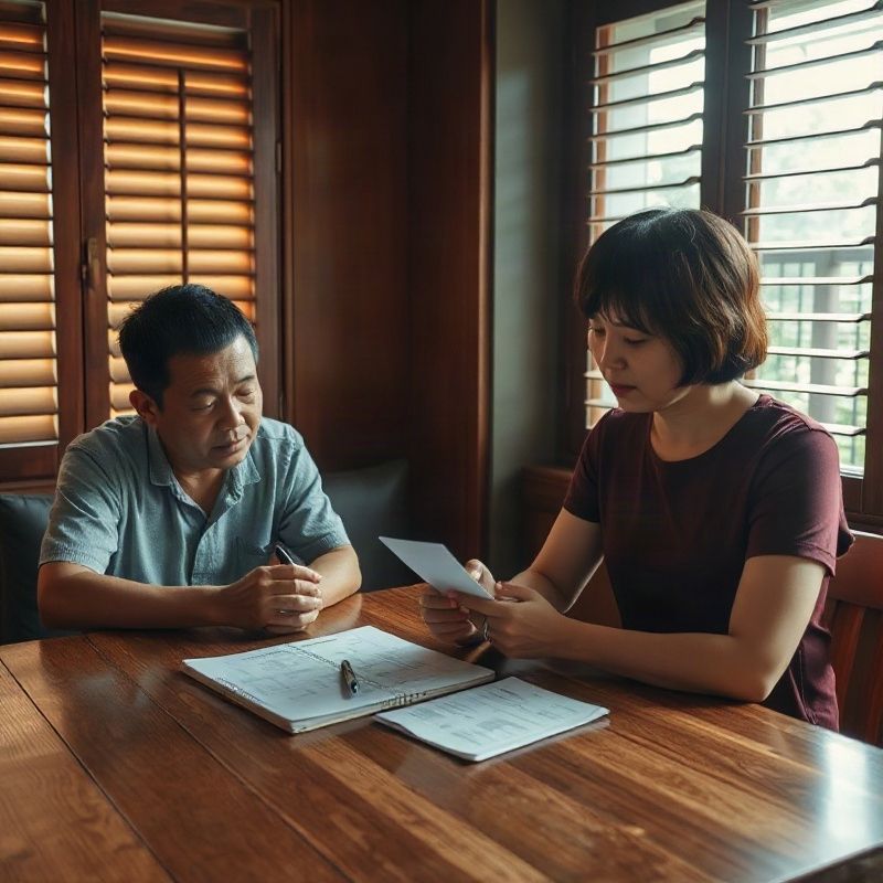 A Thai family reviewing household receipts at a wooden table in Northeast Thailand