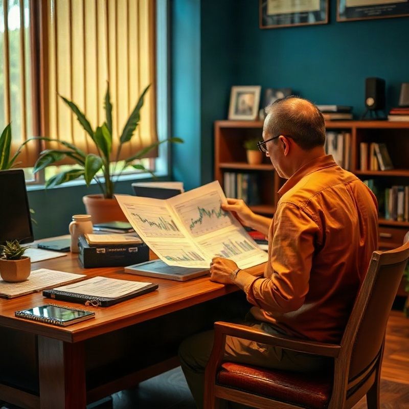 Journalist reviewing printed economic charts at a teak-wood desk in a Korat newsroom