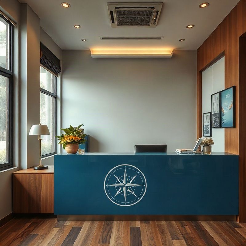 Azure-blue reception desk with a compass motif in a Nakhon Ratchasima press office